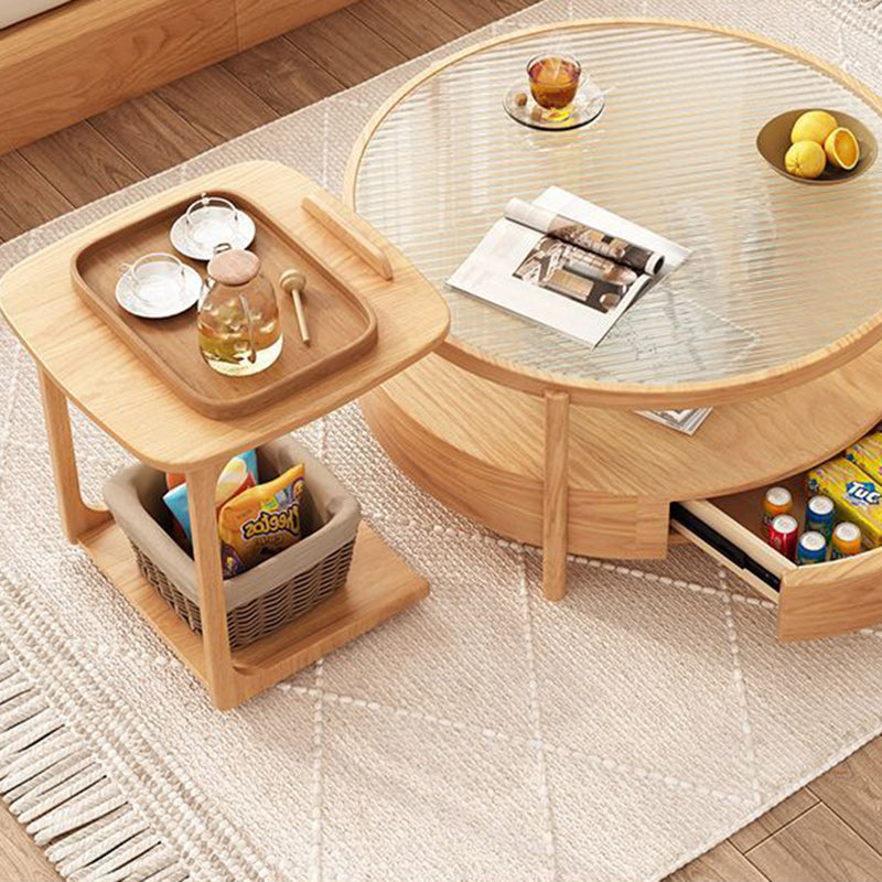 Contemporary Japanese Square Round Glass Wood End Table 2-Tier For Living Room