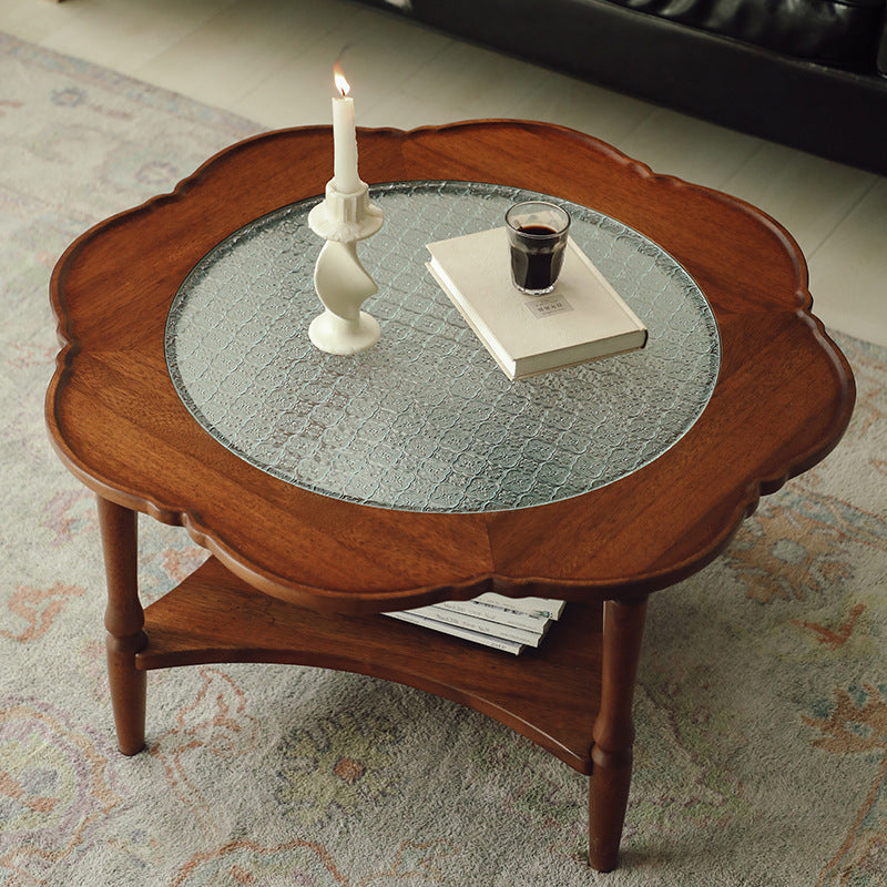 Contemporary Retro Flower Round Wood Glass Coffee Table 2-Tier For Living Room