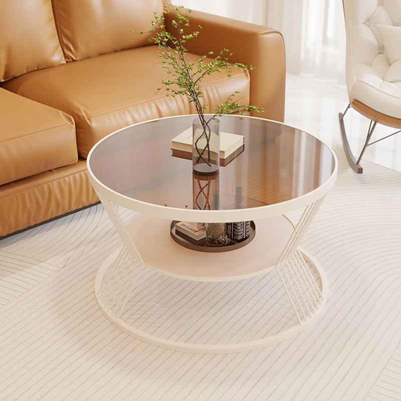 Modern Luxury Round Tempered Glass Iron End Table 2-Tier For Living Room