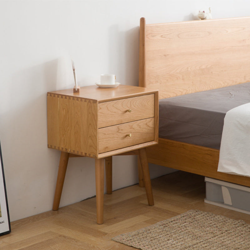 Contemporary Nordic Square Solid Wood Nightstand 2-Drawer For Bedroom