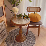 Traditional Vintage Flower Embossed Round Solid Wood End Table 1-Tier For Living Room