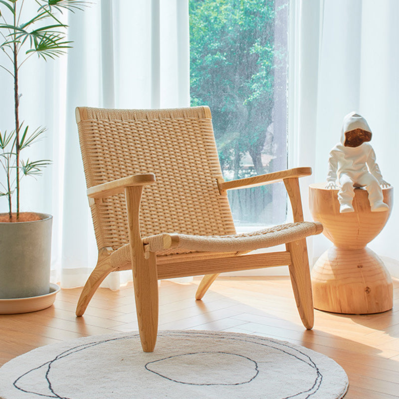 Contemporary Scandinavian Rectangular Wood Rattan Chair Backrest Armrest For Living Room