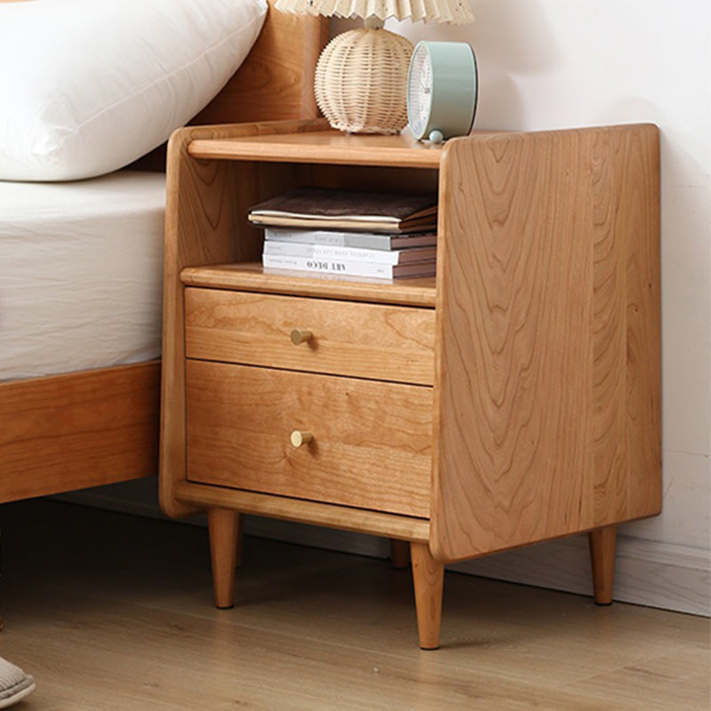 Contemporary Retro Cubic Square Cherry Wood Oak Walnut Nightstand 2-Drawer For Bedside