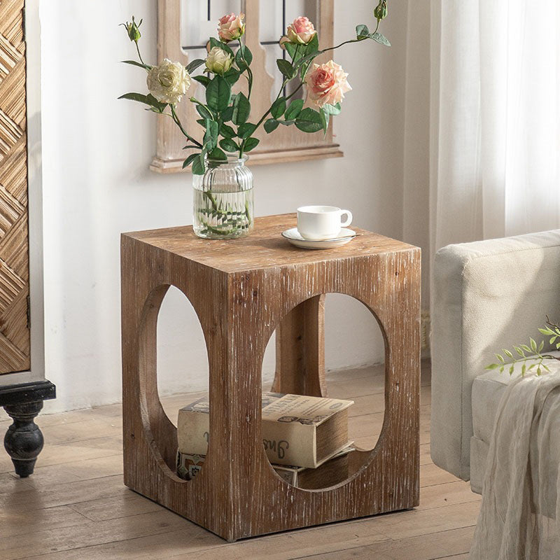 Traditional Japanese Rectangular Wood End Table 2-Tier For Living Room