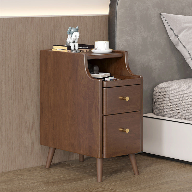 Modern Minimalist Narrow Rectangle Wood Nightstand 2-Drawer For Bedroom