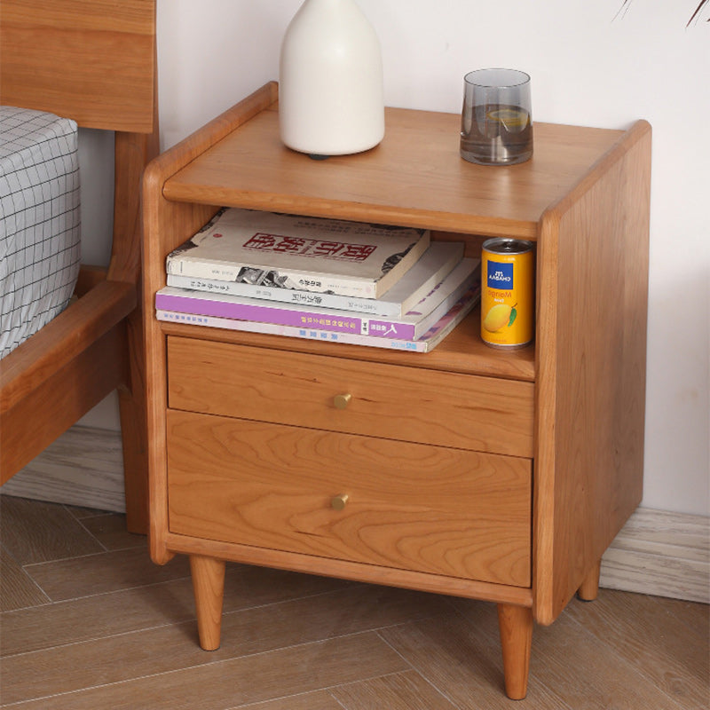 Contemporary Retro Cubic Square Cherry Wood Oak Walnut Nightstand 2-Drawer For Bedside