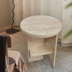 Contemporary Nordic Round Crossed Base Travertine Chrysoprase Side Table 2-Shelf For Bedside