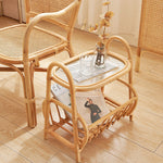 Traditional Japanese Weaving Rectangular Rattan Glass Side Table 2-Tier For Living Room