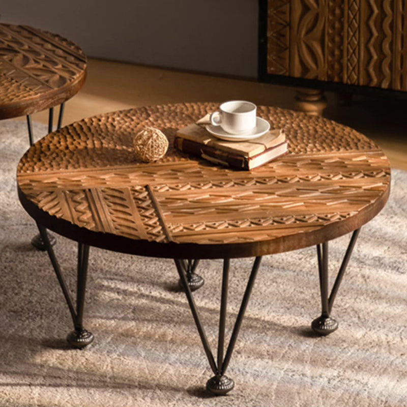 Traditional Rustic Round Density Plate Solid Wood Iron Coffee Table For Living Room