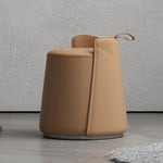 Contemporary Nordic Round Cylinder Leather Wood Vanity Stool Low Backrest For Bedroom