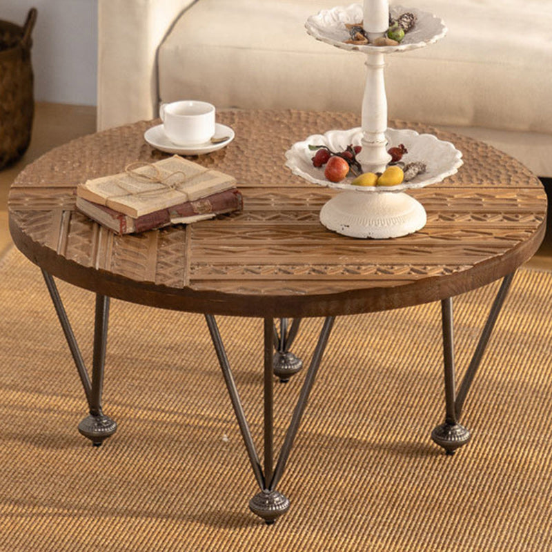 Traditional Rustic Round Density Plate Solid Wood Iron Coffee Table For Living Room