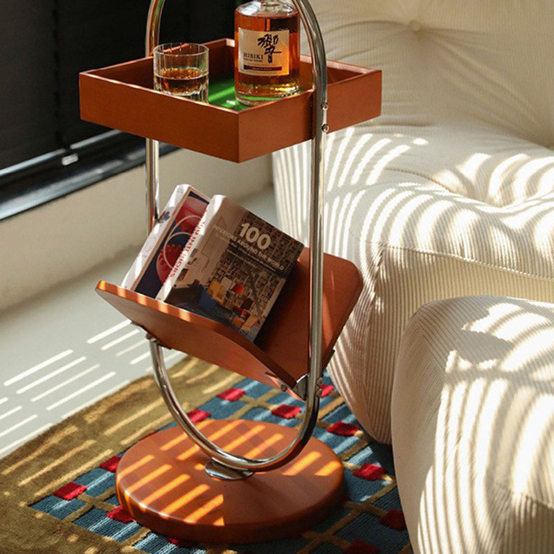 Contemporary Retro Square Round Base Cherry Wood Stainless Steel Side Table 2-Tier For Living Room