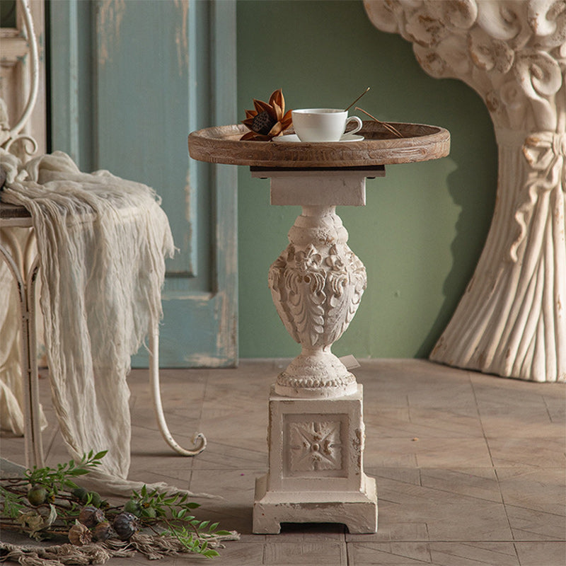 Traditional French Round Square Base Carved Magnesium Oxide Wood End Table For Living Room