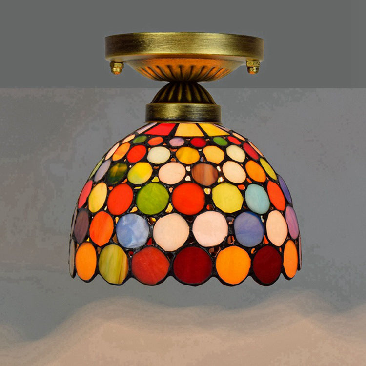 Traditional Tiffany Round Polka Dot Tapered Iron Stained Glass 1-Light Semi-Flush Mount Ceiling Light For Living Room