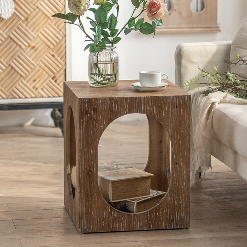 Traditional Japanese Rectangular Wood End Table 2-Tier For Living Room