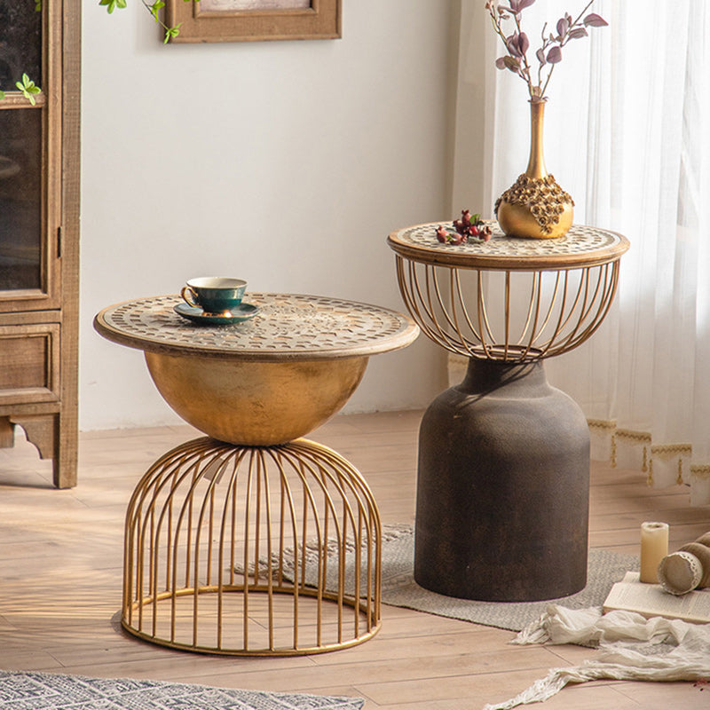 Traditional Vintage Round Half Column Wood Metal Coffee Table 1-Tier For Living Room