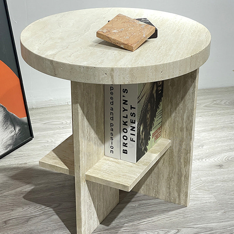 Contemporary Nordic Round Crossed Base Travertine Chrysoprase Side Table 2-Shelf For Bedside