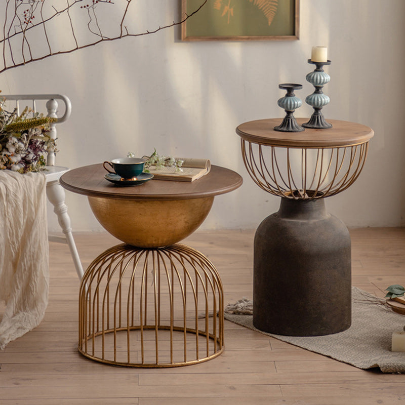 Traditional Vintage Round Half Column Wood Metal Coffee Table 1-Tier For Living Room