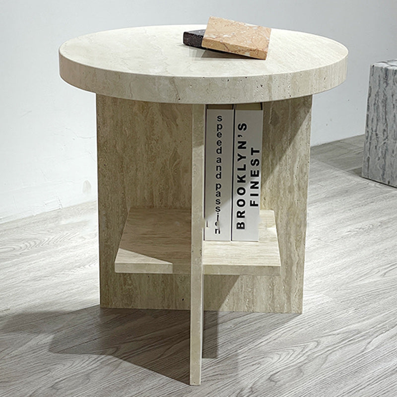 Contemporary Nordic Round Crossed Base Travertine Chrysoprase Side Table 2-Shelf For Bedside