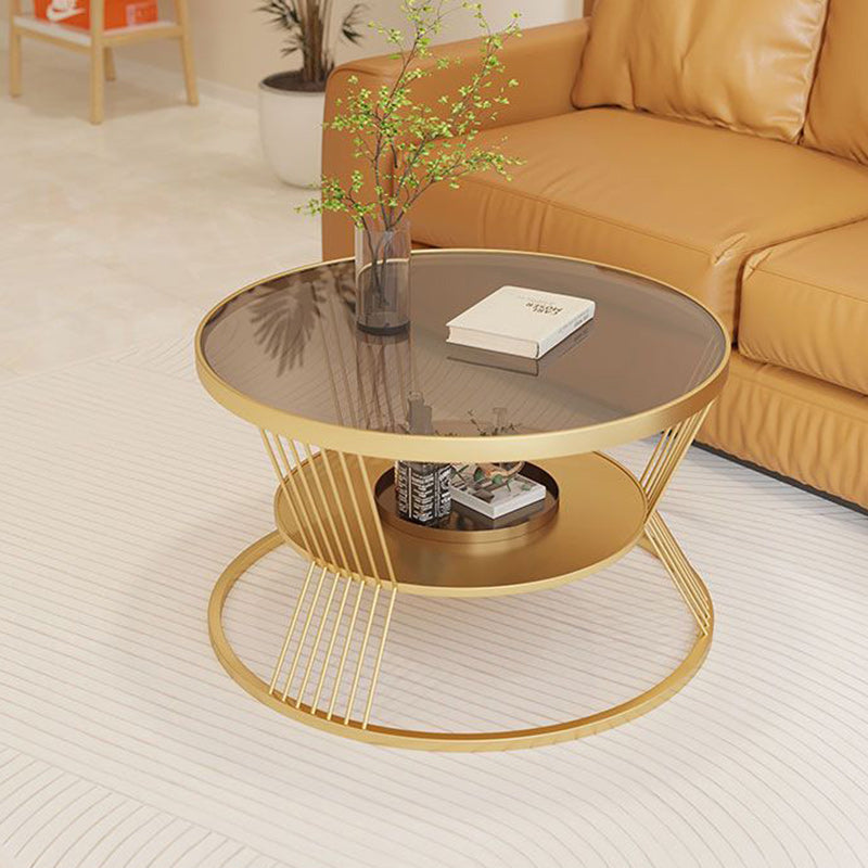 Modern Luxury Round Tempered Glass Iron End Table 2-Tier For Living Room