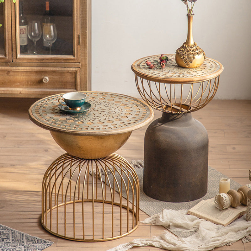 Traditional Vintage Round Half Column Wood Metal Coffee Table 1-Tier For Living Room