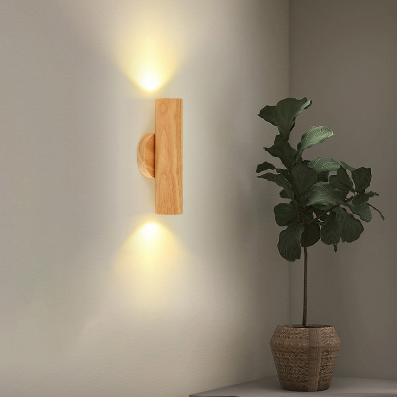 Traditional Japanese Rubber Wood Cylinder LED Wall Sconce Lamp For Bedroom