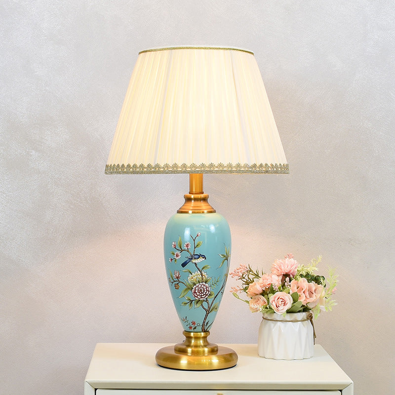 Traditional Chinese Bird And Flower Cylinder Hardware Ceramic Fabric 1-Light Table Lamp For Bedroom