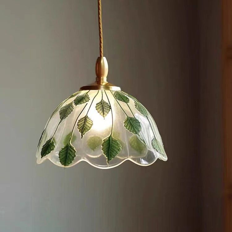 Traditional Vintage Round Leaf Copper Glass 1-Light Pendant Light For Living Room