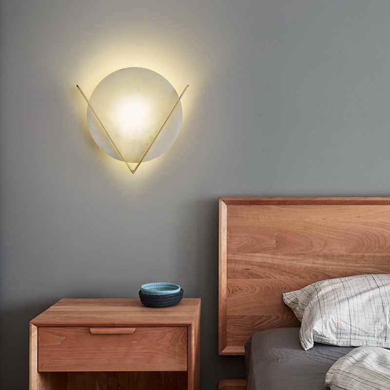 Modern Minimalist Round Copper Marble LED Wall Sconce Lamp For Bedroom