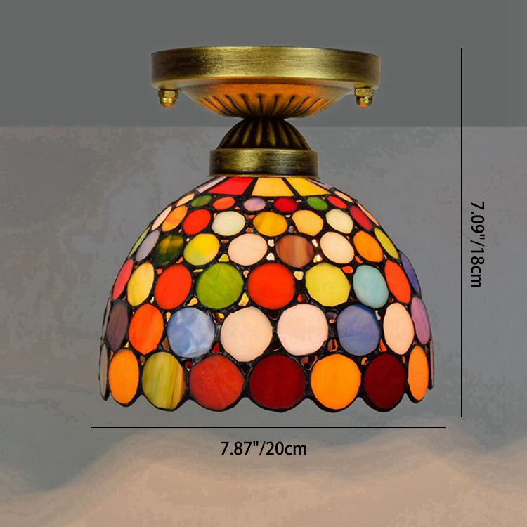 Traditional Tiffany Round Polka Dot Tapered Iron Stained Glass 1-Light Semi-Flush Mount Ceiling Light For Living Room