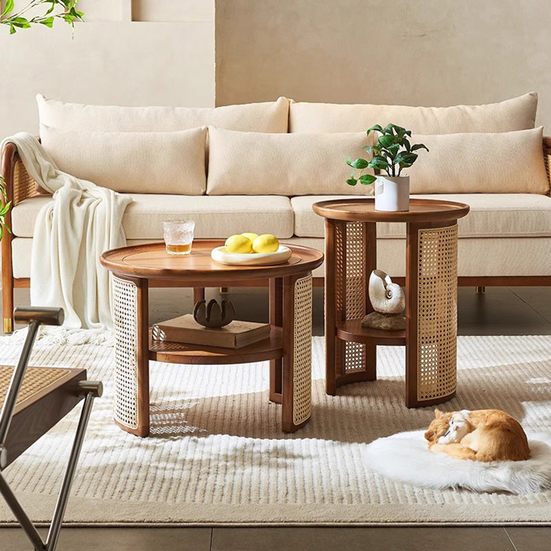 Traditional Japanese Round Rattan Wood Marble Coffee Table 2-Tier For Living Room