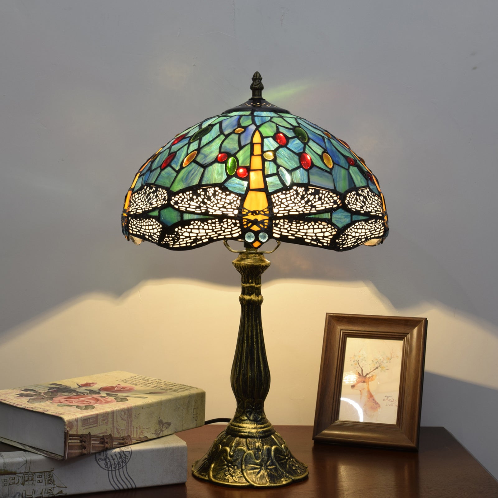 Traditional Tiffany Vintage Dragonfly Stained Glass 1-Light Table Lamp For Study