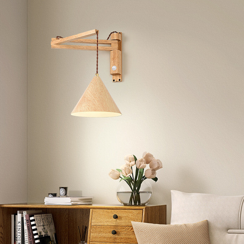 Modern Minimalist Cone Retractable Long Iron Water Turned Wood Grain Wood Wall Sconce Lamp For Bedroom