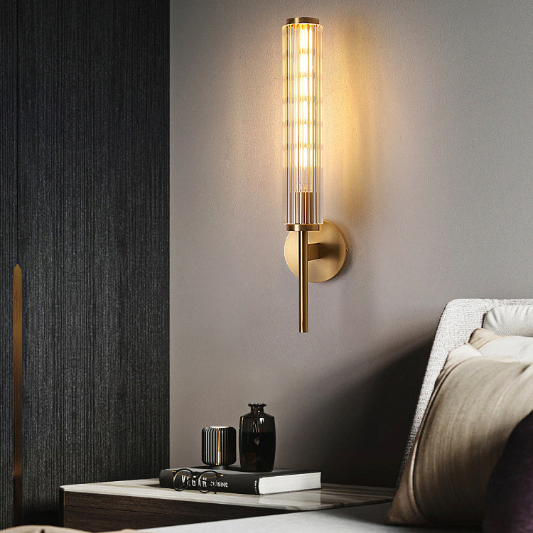 Modern Luxury Brass Glass Cylinder 1-Light Wall Sconce Lamp For Bedroom