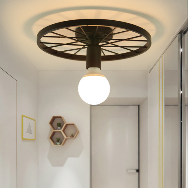 Traditional Vintage Wrought Iron Wheel 1-Light Semi-Flush Mount Ceiling Light For Hallway