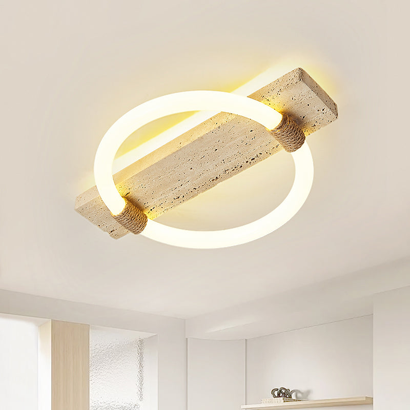 Modern Minimalist Round Rectangle White Travertine Acrylic LED Flush Mount Ceiling Light For Living Room