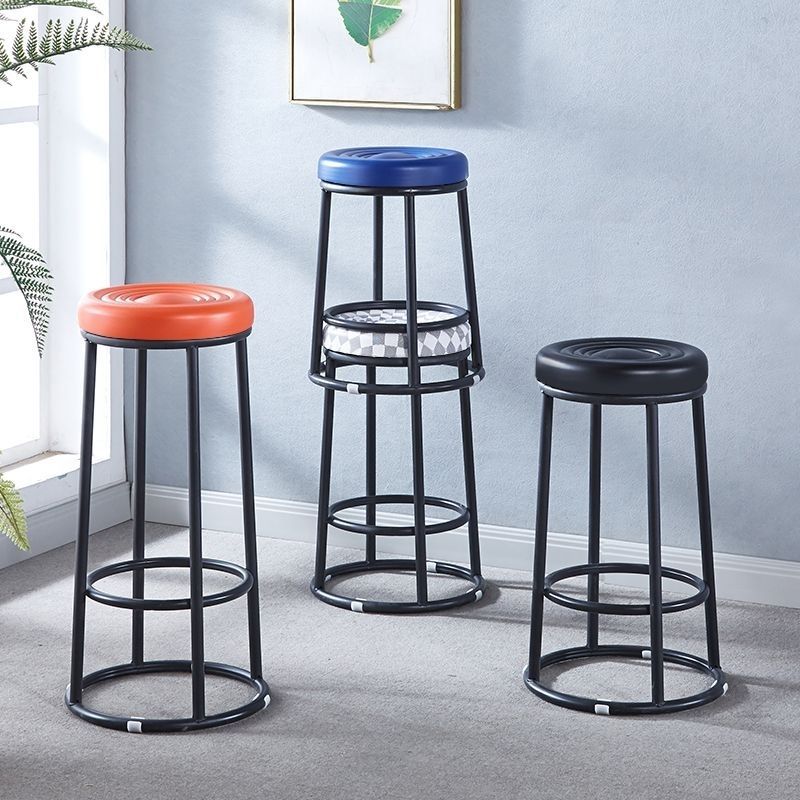 Modern Simplicity Leather Carbon Steel Cotton Metal Round Bar Stool Footrest For Kitchen