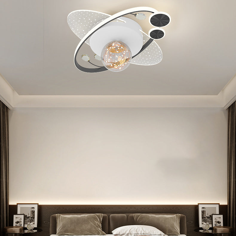 Contemporary Creative Kids Round Orb Moon Iron Acrylic LED Semi-Flush Mount Ceiling Light For Bedroom