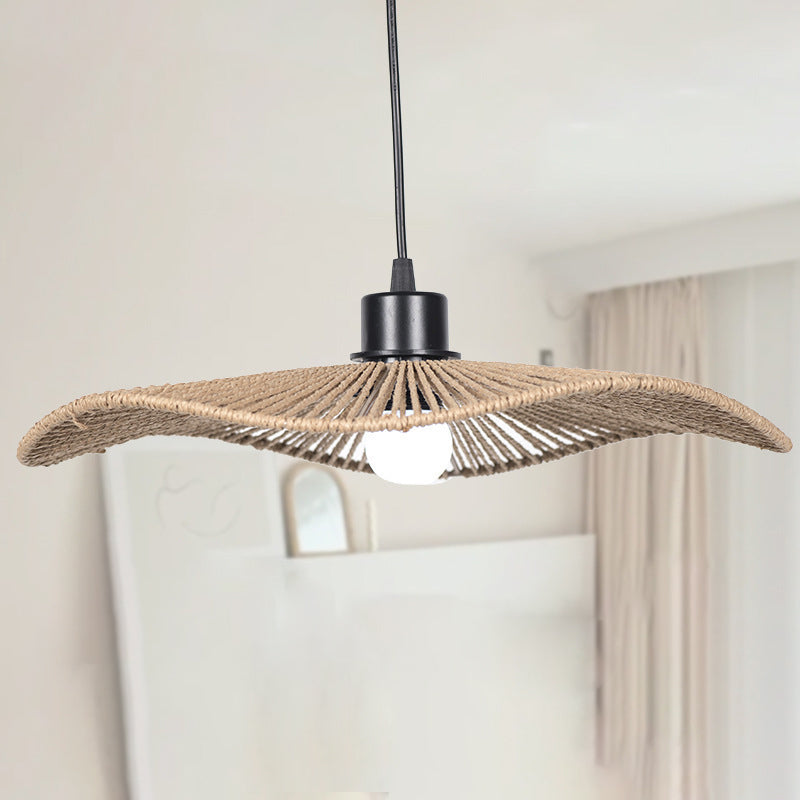 Traditional Rustic Woven Straw Hat Iron Paper Rope 1-Light Pendant Light For Living Room