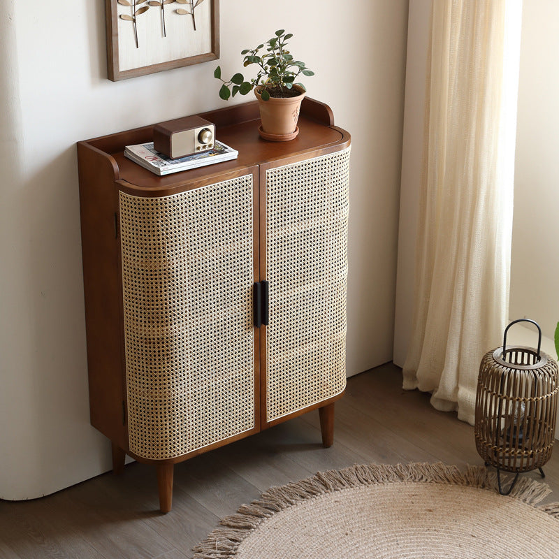 Traditional Vintage Rectangular Rattan Solid Wood Hardware Shoe Storage 5-Tier For Entryways