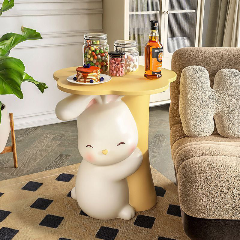 Contemporary Creative Kids Flower Rabbit Resin Wood End Table 1-Tray For Bedroom