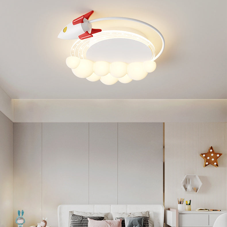 Modern Art Deco Kids Iron PE Rocket Cloud Round LED Flush Mount Ceiling Light For Bedroom