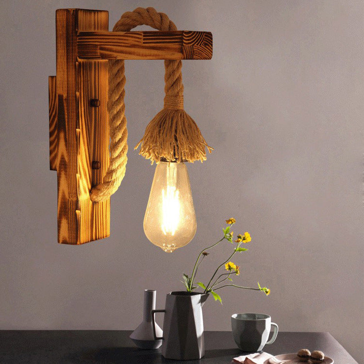 Contemporary Industrial Wood Hemp Rope Iron Glass Cubic Pendant 1-Light Wall Sconce Lamp For Hallway