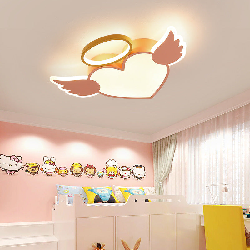 Contemporary Creative Kids Love Wings Iron Aluminum Acrylic Silicone LED Flush Mount Ceiling Light For Bedroom