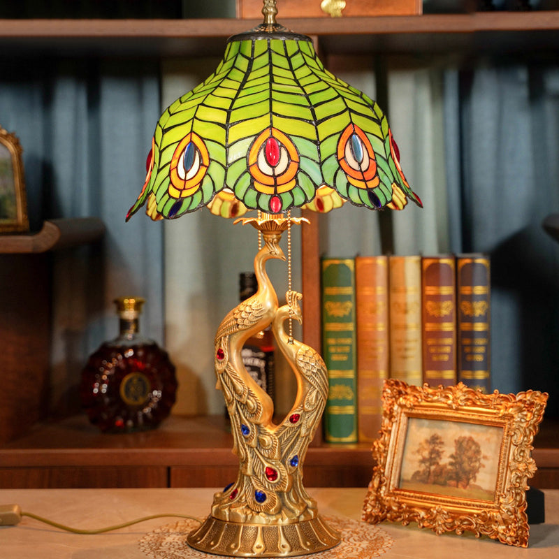 Traditional Tiffany Peacock Glass Copper 2-Light Table Lamp For Bedroom