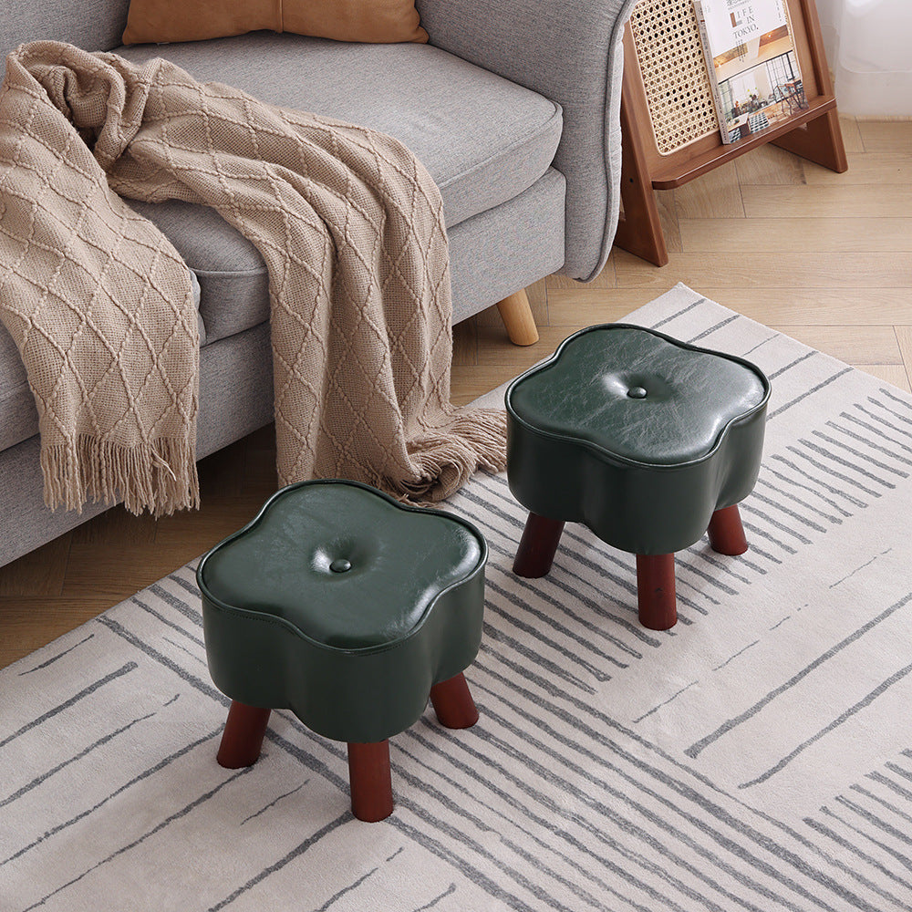 Modern Art Deco Clover Round Oil Wax Leather Solid Wood Footstool Backless Armless For Living Room