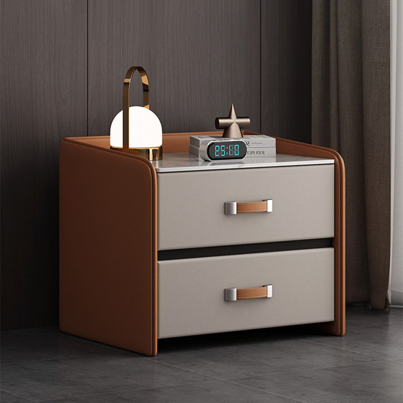 Modern Simplicity Rectangular Slab Saddle Leather Wood Nightstand 2-Drawer For Bedside