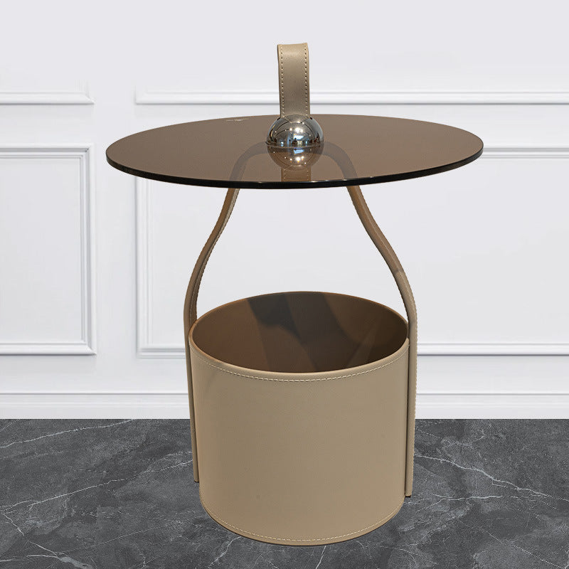 Modern Minimalist Round Cylinder Glass Leather Stainless Steel Coffee Table Storage For Living Room