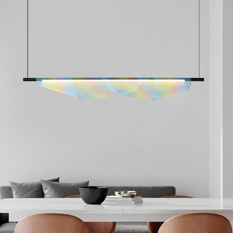 Modern Minimalist Iron Long Strip Rainbow Mesh Decor LED Island Light Pendant Light For Dining Room