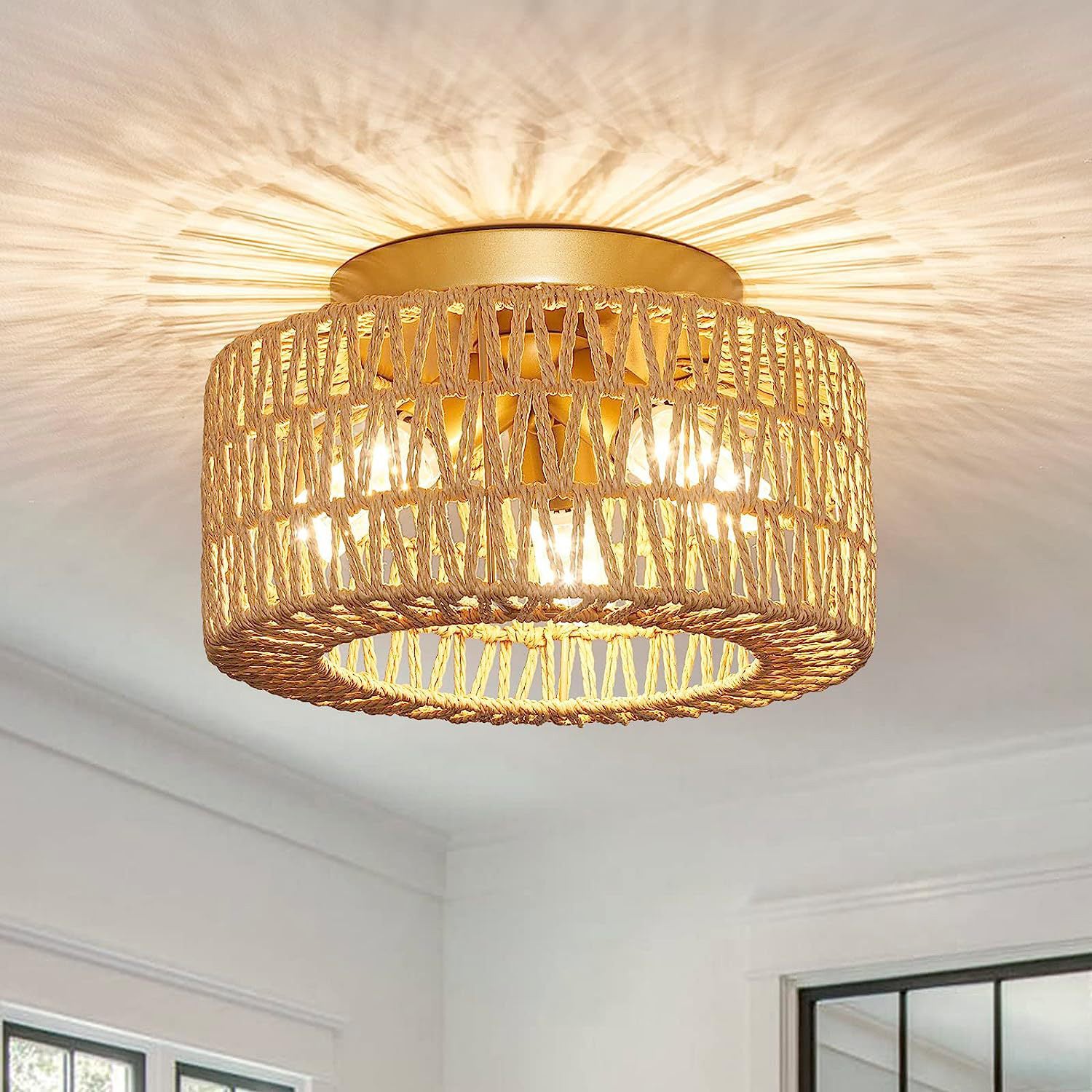 Contemporary Boho Rattan Weaving Cage 3-Light Semi-Flush Mount Ceiling Light For Living Room